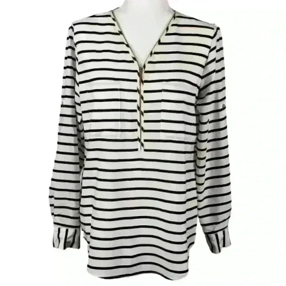 Calvin Klein Blouse White Black Stripe Gold Zipper Buttons Pockets Cuff Sleeves - Picture 1 of 13